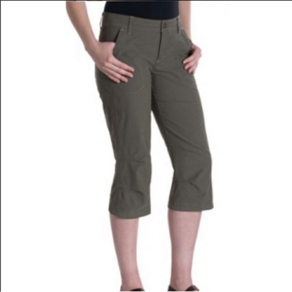 Kuhl Kendra Capri Pants Size 12 Beige Olive Hiking Cargo Crop Embroidered